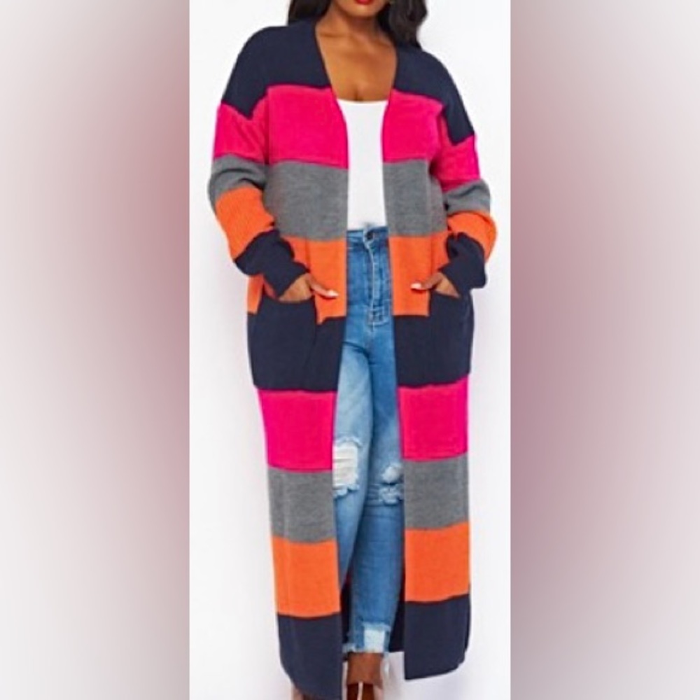 Maxi Length Cardigan Open Front Wide Stripes Orange Blue Size 1x 2x 3x